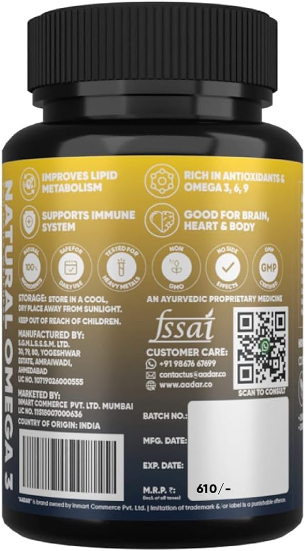 Viva Natural Omega 3 6 9 | 100% Vegan Herbal Omega 3 Capsules Without Fish Oil | 60 Capsules - Pack of 1 | Ayurvedic Supplements for Men and Women | Flaxseed Arjuna Walnuts
