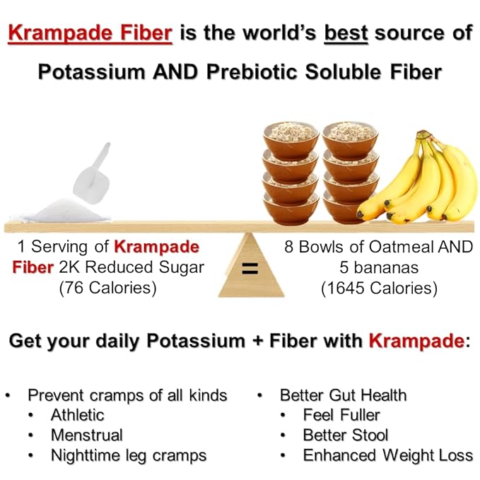 Krampade High Fiber High Potassium Electrolyte Powder Lemon Lime 9g Dietary Fiber 3950mg Electrolytes 2000mg Potassium 50mg Magnesium Digestive Health Support Leg Cramp Relief 19 Servings