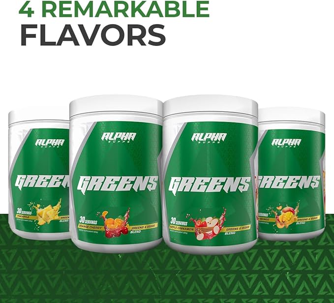 Alpha Supps - Alpha Greens Supplement | Fruit &amp Vegetable Superfood Powder | Over 40 Natural Plant Based Ingredients | Prebiotic &amp Probiotic Digestive Support Blend - 30 Servings (Apple Cinnam