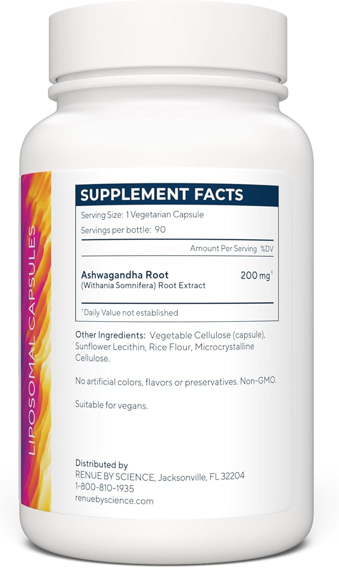 Renue By Science Ashwagandha | High Strength Liposomal Ashwagandha Supplements | 90 Ashwaganda Capsules - 200mg Ashwagandha per Serving | Non-GMO | Made in the USA Third-Party Tested