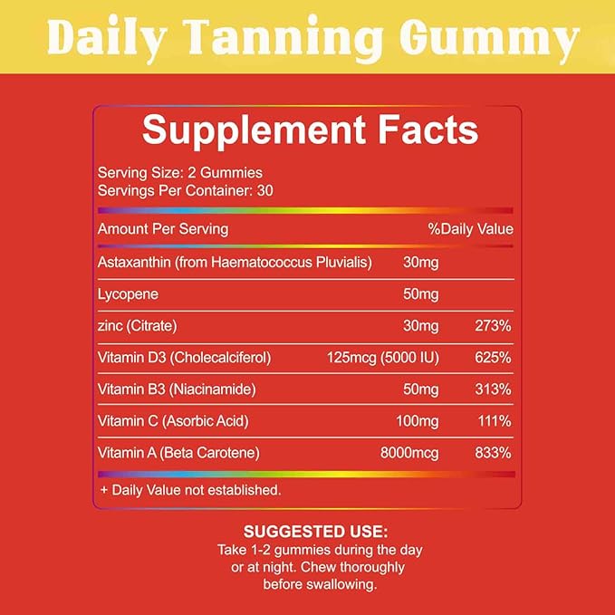 Tanning Gummies Daily Tanning Gummies Natural Tanning Supplement with Astaxanthin Lycopene &amp Beta Carotene 30-Day Supply for Skin Health &amp Glow