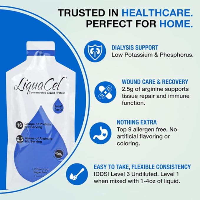 LiquaCel Concentrated Liquid Protein Unflavored 16g Hydrolyzed Collagen Protein and 2.5g Arginine Per Single-Serving Packet Sugar &amp Gluten Free 1fl oz Packets 100ct Case
