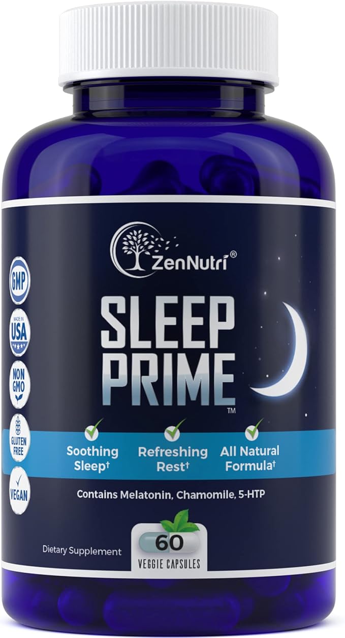 Sleep Prime Vegan Natural Sleep Aid for Adult Extra Strength - Deep Sleep Supplement - Herbal Sleeping Pill - Stress Relief - Melatonin GABA - 60 Veggie caps