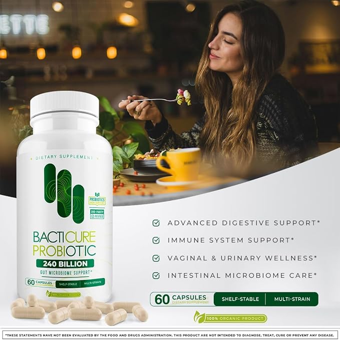 Bacticure Probiotic 240 Capsules | Probiotics Supplement w/High CFU Formula for Men &amp Women | Prebiotics &amp Digestive Enzymes for Digestion &amp Gut Health Vaginal Health Colon Cleanse Immu