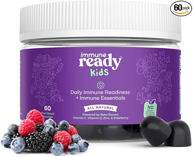 Immune Ready™ Kids Multivitamin Gummies – Mixed Berry Flavor – Sugar-Free Daily Kids Immune Support with Beta Glucan Elderberry Vitamin C D3 &amp Zinc – Vegan Non-GMO – 60 Gummies