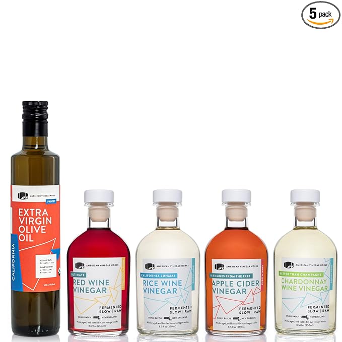 American Vinegar Works - Essential Kitchen Vinegars &amp Extra Virgin Olive Oil Gift Set - Includes Apple Cider Red Wine Rice Wine and Chardonnay Wine Vinegars (8.5oz ea) with a EVOO (16.9oz)