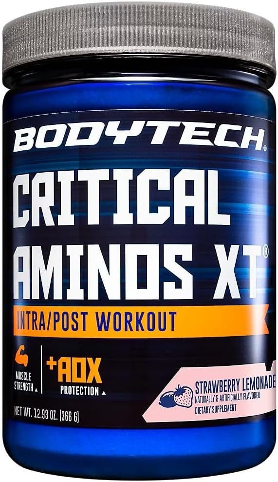 BodyTech Critical Aminos XT - Intra/Post Workout Amino Acid Formula - Supports Recovery Endurance &amp Performance - Strawberry Lemonade (12.93 oz 45 Servings)