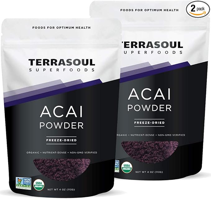 Terrasoul Superfoods Organic Acai Berry Powder 4 Oz (Pack of 2) Freeze-Dried for Freshness Omega Fats Boost for Smoothie Bowls and Antioxidant-Packed Superfoods Recipes
