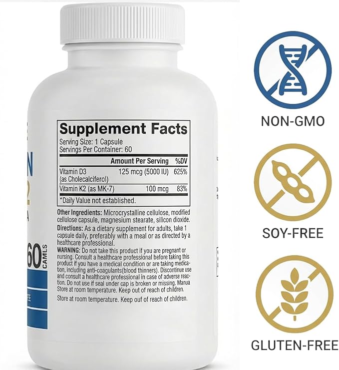 Vitamin D3 + K2 (MK-7) 5000 IU/100 mcg 2-in-1 Bone &amp Calcium Support Vegetarian Capsules Non-GMO Gluten-Free Soy-Free 60 Count