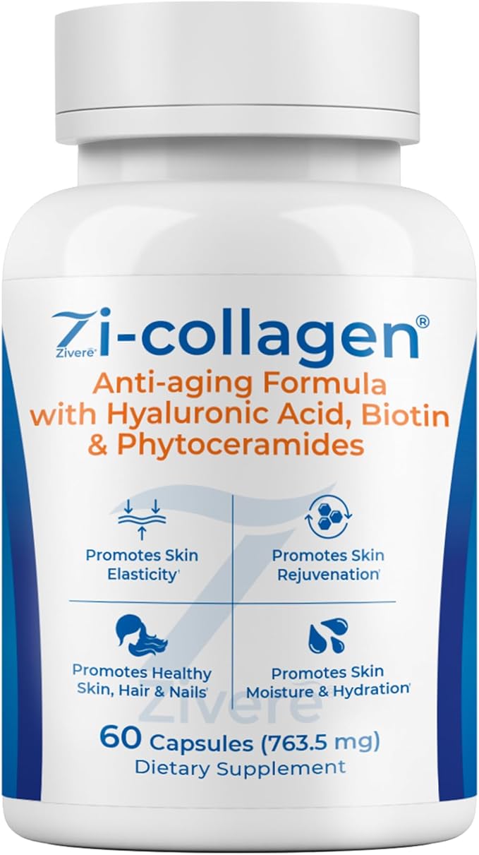Zi-Collagen Marine Collagen Capsules for Skin Hair &amp Nails – Collagen Supplement with Phytoceramides Hyaluronic Acid Biotin &amp Vitamins A C D3 E – 60 Capsules