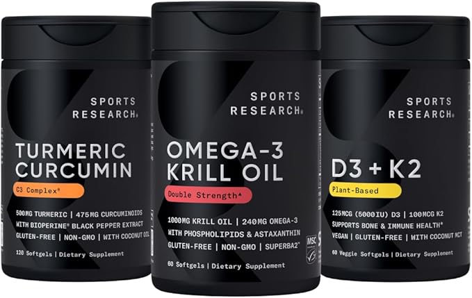 Sports Research Antarctic Krill Oil Omega 3 1000mg (with Phospholipids Choline &amp Astaxanthin) Turmeric Curcumin C3 Complex (with Bioperine Black Pepper &amp Coconut Oil) &amp Plant Based Vitam