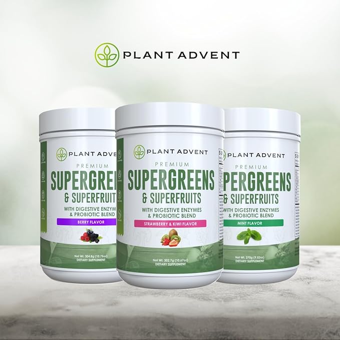 Premium Supergreens and Superfruits Powder with Digestive Enzymes and Probiotics (Strawberry &amp Kiwi). Manufactured by NutriDyn.