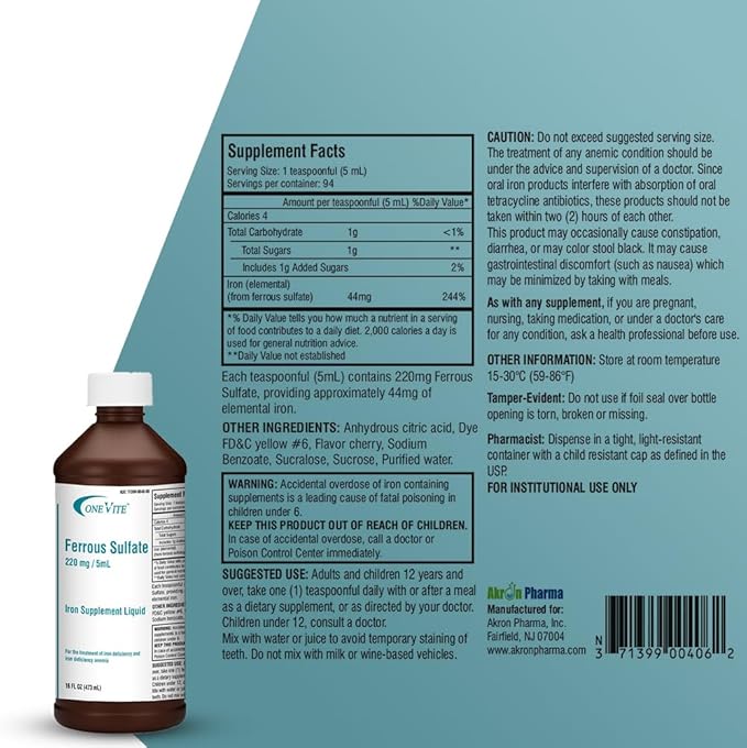 Ferrous Sulfate 220mg/5ml | Iron Supplement Liquid 16 Fl Oz (Pack of 1)