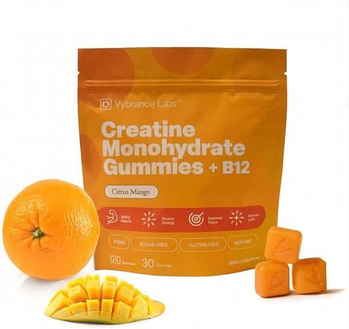 Creapure Creatine Gummies 5g + Taurine &amp B12 - Sugar-Free Vegan Gluten-Free - Citrus Mango - 120 Count (30 Servings) for Strength Energy &amp Focus