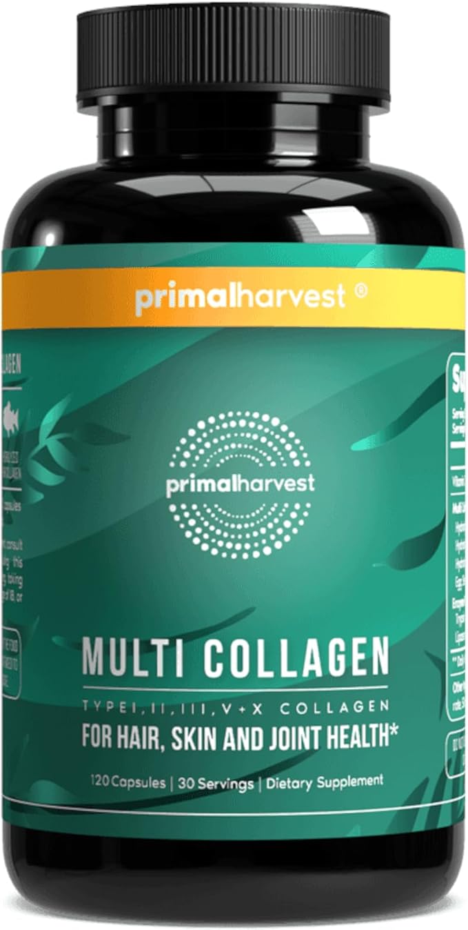 Primal Harvest Multi Collagen Pills for Women and Men (Type I II III V X) 120 Capsules w/Vitamin C for Hair Skin Nails