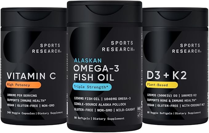 Sports Research 1250 mg Omega 3 Burpless Fish Oil - Wild Alaskan Pollock - (90 Count) High Potency Vegan Vitamin C 1000mg (240 Count) + Vegan 5000iu Vitamin D with 100mcg Mk7 Vitamin K (60 Count)