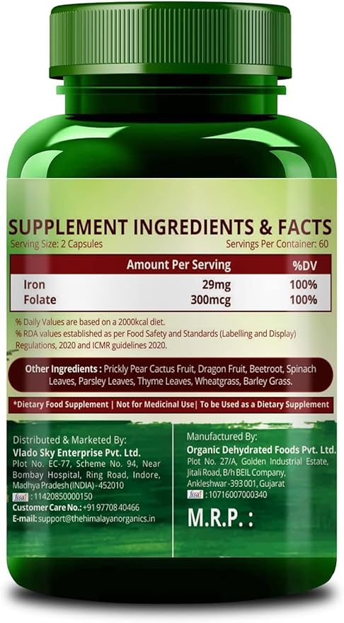 Generic Plant Based Iron Supplement with Folate | Improved Hemoglobin &amp Oxygen Capacity | Stomach Friendly | Boost Energy - 120 Veg Capsules