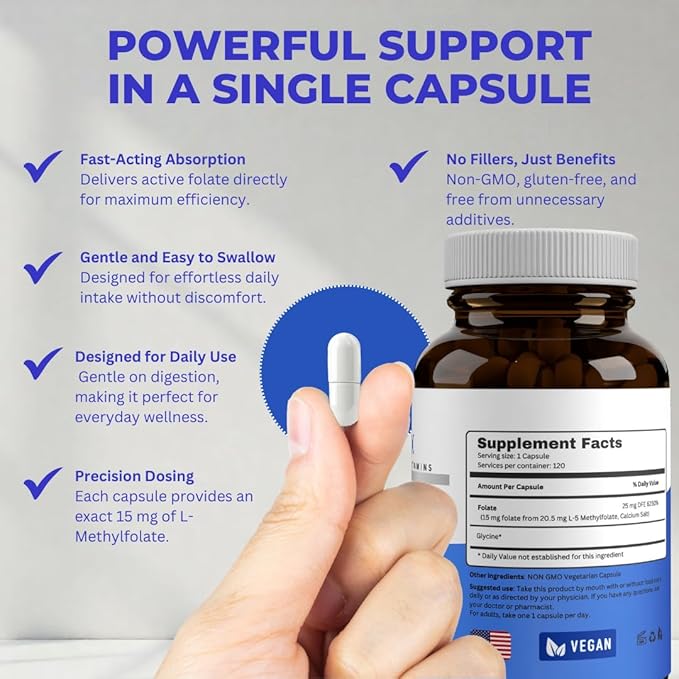 L Methylfolate 15mg | 120 Caps | Value Pack | Max Potency | Active Folate | Gluten Free | Methyl Folate 5-MTHF | No Filler