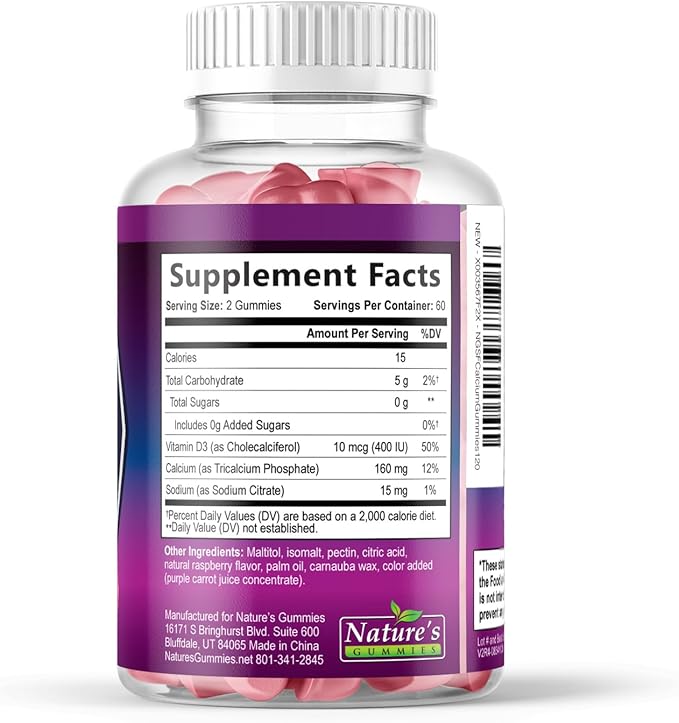 Calcium Supplement Gummies - Sugar Free Calcium Gummy with Vitamin D3 for Best Absorption - Supports Immune Health Bones &amp Teeth - Nature's Calcium Chews for Women &amp Men - Berry Flavor - 120