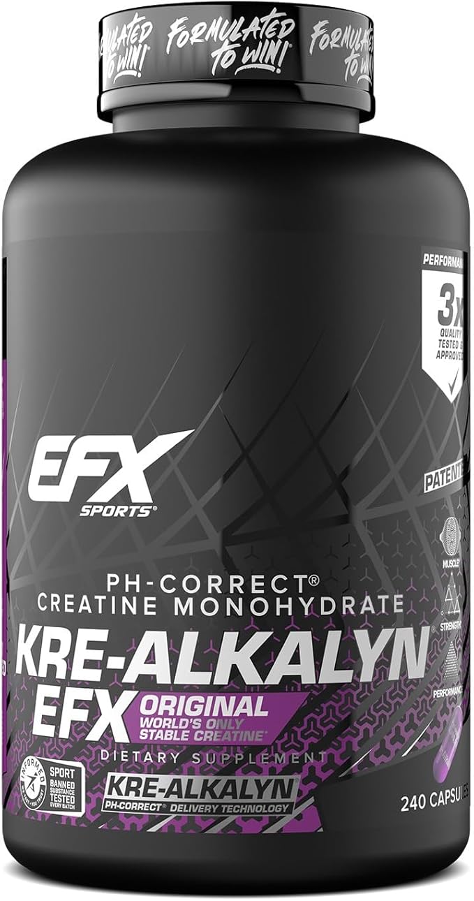 EFX Sports Kre-Alkalyn EFX | pH Correct Creatine Monohydrate Pill Supplement | Strength Muscle Growth &amp Performance | 120 Servings 240 Capsules