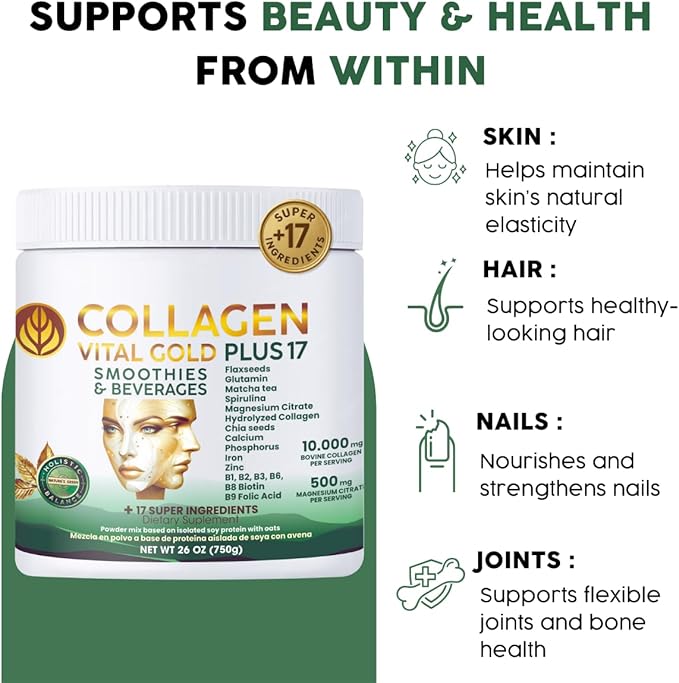Vital Life Collagen Peptides Powder +17 Super Ingredients 1.6 lb (Pack of 6) Mint &amp Lemon Flavor Supports Hair Skin Nails Bones Joints &amp Digestive Health Collagen for Women &amp Men.