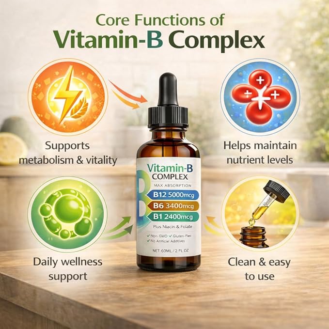 Vitamin B12 Complex Liquid Drops Sublingual B Complex with B12 B6 B1 Niacin &amp Folic Acid for Metabolic Health &amp Energy Support Vegan | Non-GMO | Gluten Free 60ml/2 fl oz 60 Servings (1