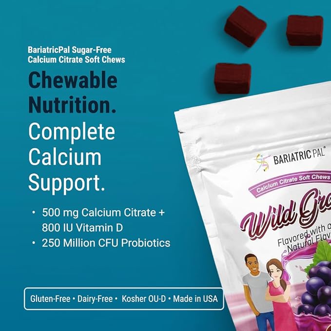 BariatricPal Sugar-Free Calcium Citrate Soft Chews | 500mg with Vitamin D &amp Probiotics | Wild Grape | 90 Count (1 Month Supply)