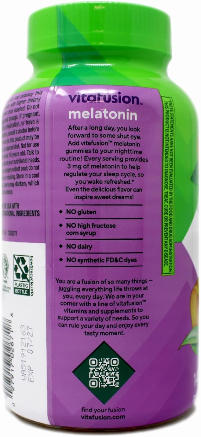 Vitafusion 3 mg Melatonin Gummy Supplement Awake Refreshed Sleep Support &amp Jet Lag Aid Sugar-Free Dietary Supplement Natural White Tea &amp Peach Flavors 140 Count (Pack of 2)