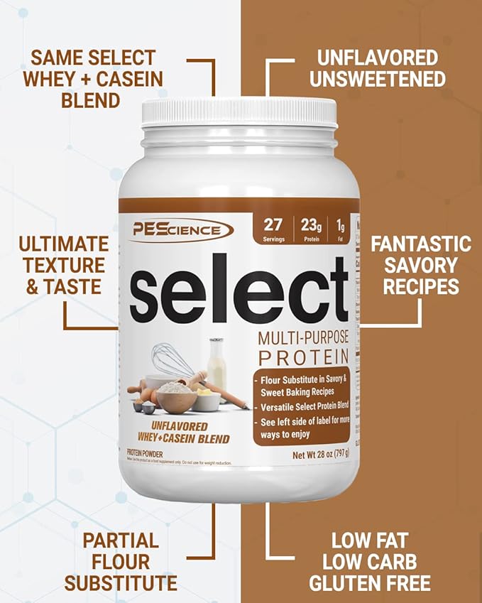 PEScience Select Multi-Purpose Unflavored Protein Powder Low Carb Keto Friendly Gluten Free Whey &amp Casein Protein Flour for Baking and Smoothies 27 Servings