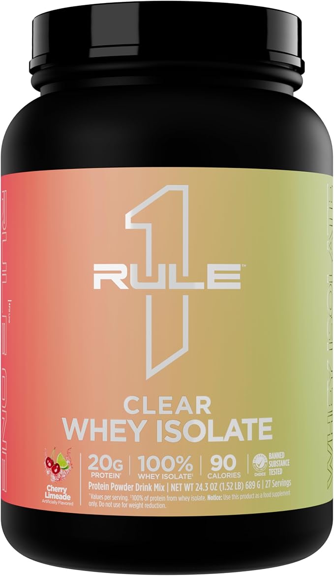 Rule 1 Clear Whey Isolate - 20g All-Whey Isolate Protein Mix Over 9g EAAs 90 Calories Zero Sugar Easy to Digest Light Crisp and Refreshing Taste (27 Servings Cherry Limade)