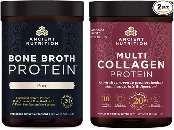 Ancient Nutrition Bone Broth Protein Powder Pure 20 Servings + Multi Collagen Protein Powder Unflavored 45 Servings