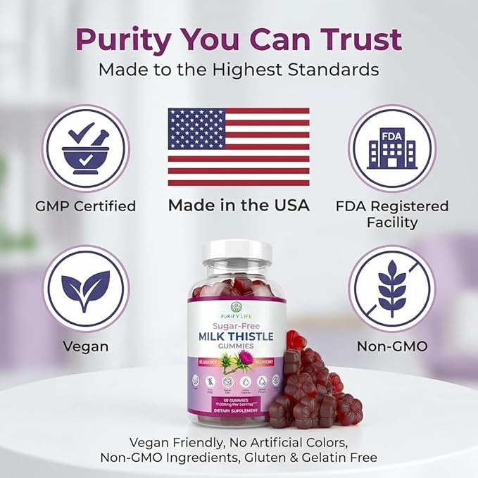 Sugar-Free Milk Thistle Gummies for Liver Cleanse Detox &amp Repair (Natural Blueberry-Raz Flavor) Cardo Mariano Cleansing Milk Thistle Supplement Antioxidant Support Vegan Replaces Pills &amp C