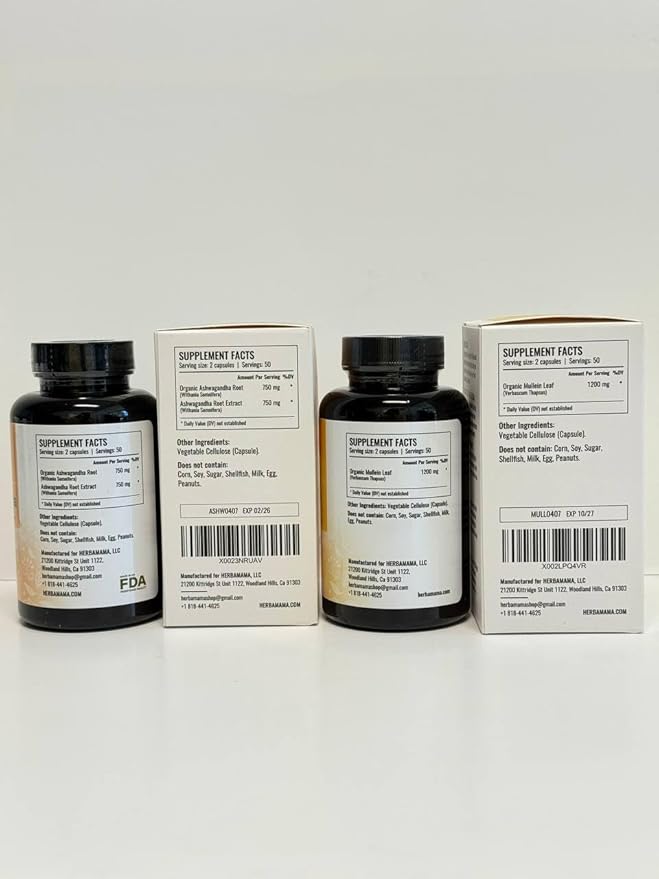 HERBAMAMA Ashwagandha and Mullein Kit - Bundle of 1500 mg Ashwagandha Root &amp 1200 mg Mullein Leaf Capsules 100 Caps - Vegan Non-GMO Sugar &amp Alcohol-Free - 2 Pack