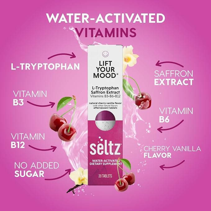 Seltz® Lift Your Mood – Effervescent Vitamins for Mood Support &amp Energy with L-Tryptophan Saffron Extract &amp B Vitamins (B3 B6 B12) – Cherry Vanilla Flavor No Sugar Added 20 Tablets (Pack