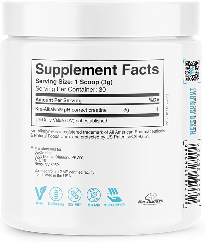 Swolverine Kre-Alkalyn Creatine Powder – pH-Buffered Creatine with Sodium Bicarbonate No Loading Phase Supports Strength Power &amp High-Intensity Performance 30 Servings Unflavored