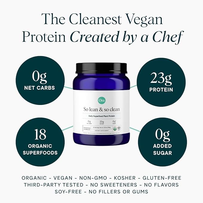 Ora Organic Vegan Protein Powder - 23g Plant Based Pea Protein + Superfood for Women and Men - Unsweetened &amp Unflavored - 20 Servings No Erythritol Keto-Friendly Gluten-Free Paleo Soy-Free