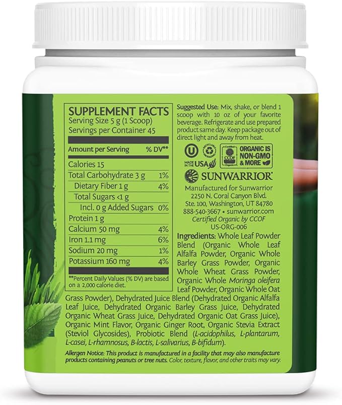 Organic Greens Powder Superfood Complex | Organic Super Greens Powder from Raw Juice with Probiotics Moringa Leaf &amp Electrolyte Minerals | Vegan Non-GMO No Added Sugar (Mint 45 Servings)