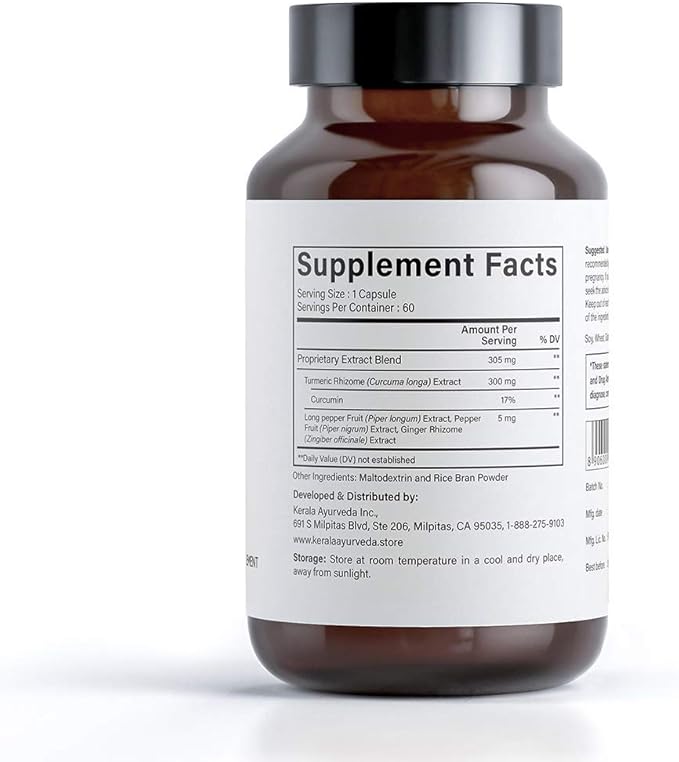 Kerala Ayurveda Turmeric Fortified with Trikatu Capsules (60 Capsules) | 20x Bio Available | Turmeric Supplement for Joint Health &amp Immune Support | Anti-Inflammatory Supplement | Prop 65 Complian