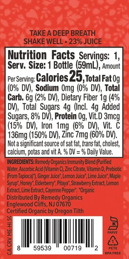 Remedy Organics Immunity Plus Shot Protect | Boost Energy Brain Function Detoxification and Metabolism | Brain Juice | Certified-Organic Ingredients 12 Packs