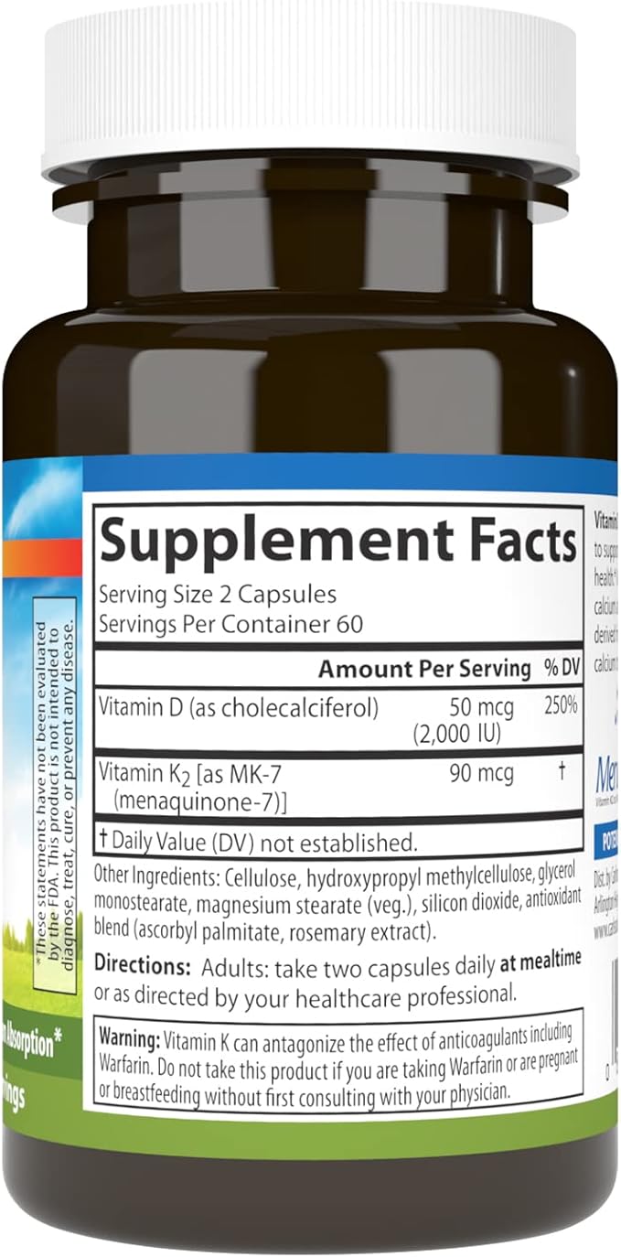 Carlson - Vitamin D3 + K2 50 mcg (2000 IU) Vitamin D3 &amp 90 mcg Vitamin K2 as MK7 Bone Support Calcium Absorption 120 Capsules