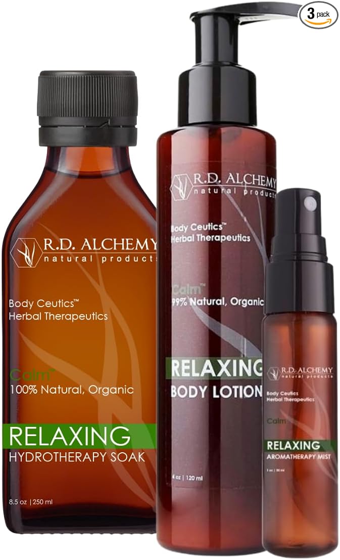 RD Alchemy - Natural &amp Organic Relaxing Body Care Set - Soothe the Day Away and Calm Stress as you Moisturize Soften and Soothe Dry Skin - 3 Part Set: Body Lotion Body Oil &amp Aromatherapy Mis