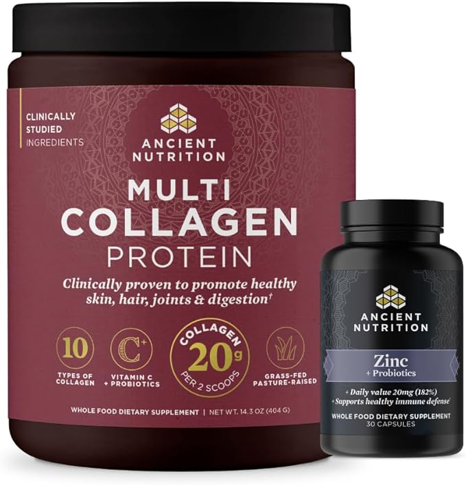 Ancient Nutrition Zinc Capsules 30 Count + Multi Collagen Protein Powder Unflavored 40 Servings