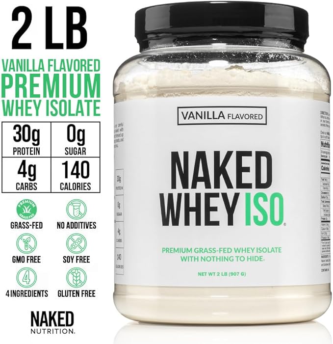 NAKED Vanilla Whey Isolate Protein - Only 4 Ingredients 30g Grass-Fed Protein Undenatured No GMO No Soy Gluten-Free No Preservatives - 24 Servings