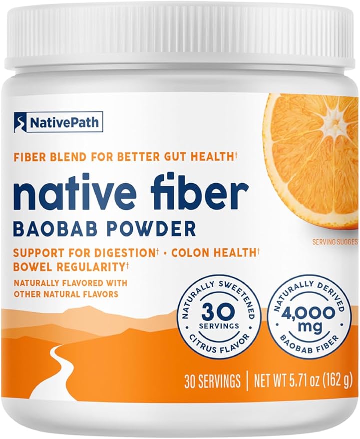 NativePath Organic Baobab Prebiotic Fiber Powder - Digestive Health Supplement - Natural Orange Flavor 30 Servings