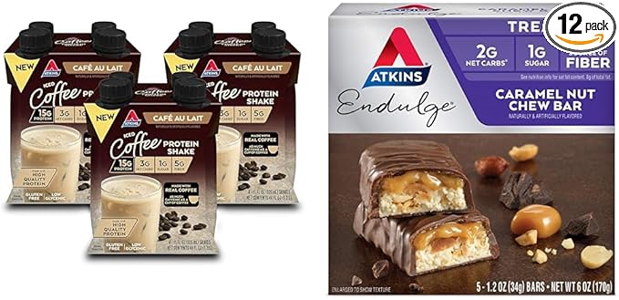 Atkins Café au Lait Protein Shake 15g Protein 3g Net Carb 12 Count + Atkins Endulge Caramel Nut Chew Bar 1g Sugar 5 Count