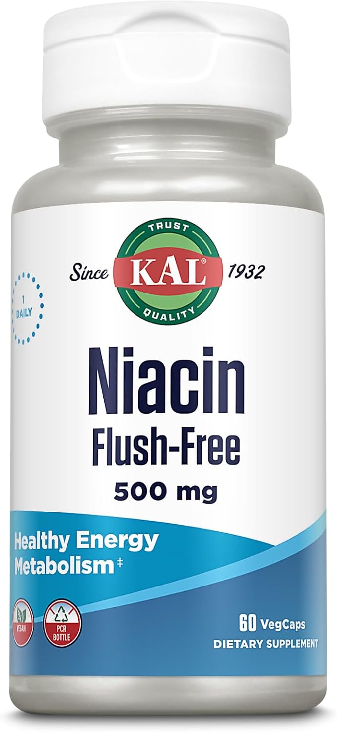 KAL Niacin 500mg Flush Free - Vitamin B3 Supplement - Metabolism and Energy Support - Skin Nerve Digestive Health and Circulation Support - Vegan Vitamin 60-Day Guarantee 60 Servings 60 VegCaps