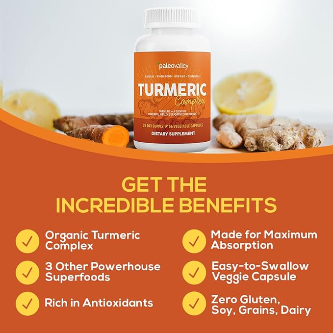 Paleovalley Organic Turmeric Complex + Essential C Complex Bundle – Full Spectrum Turmeric + Whole-Food Vitamin C – Joint Immune &amp Antioxidant Support – 56 Veg Capsules + 450mg Essential C