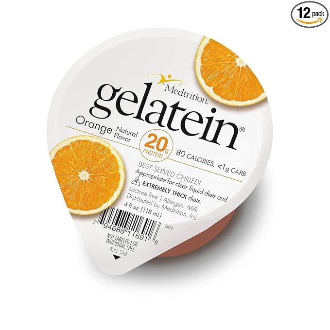 Gelatein Orange: 20 grams of protein. Sugar free. Ideal for clear liquid diets swallowing difficulties bariatric dialysis and oncology. Great pre or post-workout snack. (12 pack)