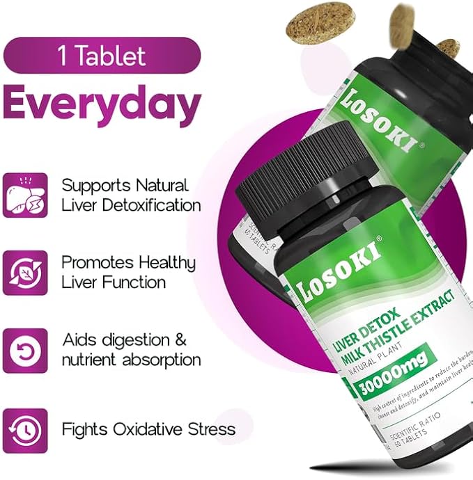 Liver Detox Supplement 30000mg Milk Thistle Extract Turmeric Artichoke &amp Glutathione – Supports Liver Health &amp Antioxidant Function – 60 Tablets