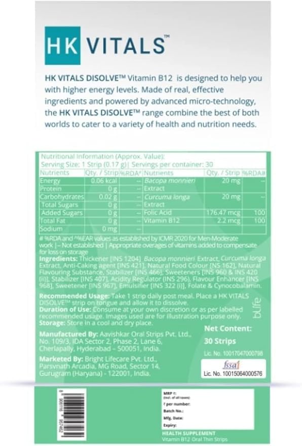 SENTA HealthKart HK Vitals DISOLVE Vitamin B12 for Energy No Added Sugar Orange 30 Strips